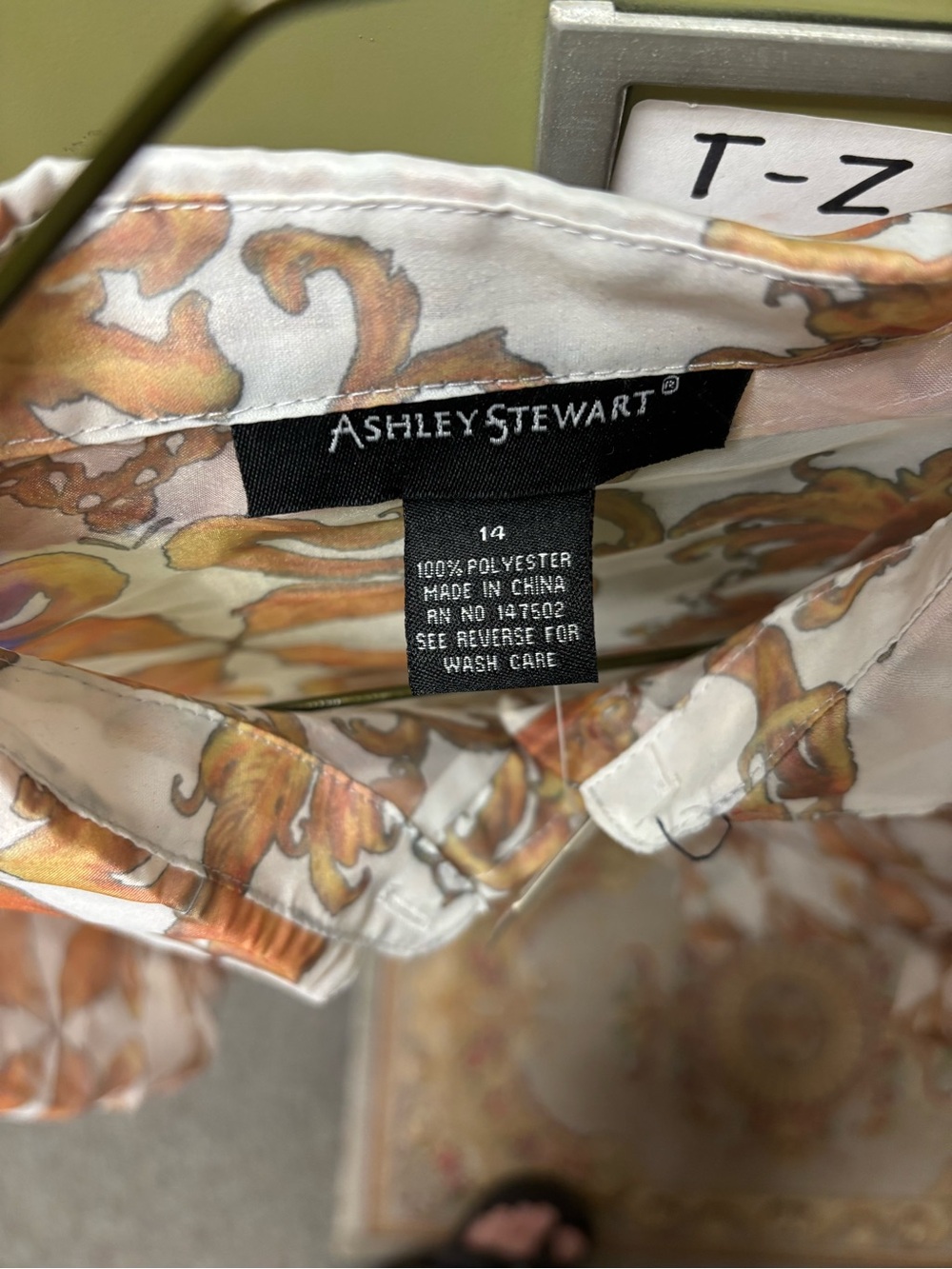 Ashley Stewart Sheer Button-Up Blouse — White with Gold-Tan Print - Picture 4 of 5